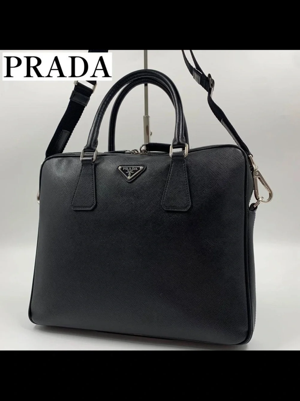 Prada Black Saffiano Leather Briefcase with Detachable Strap
